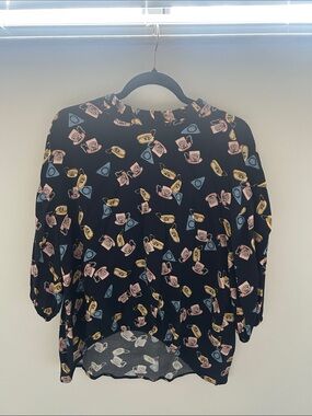 Zara Black Top with Pink, Yellow and Blue Teacup Print